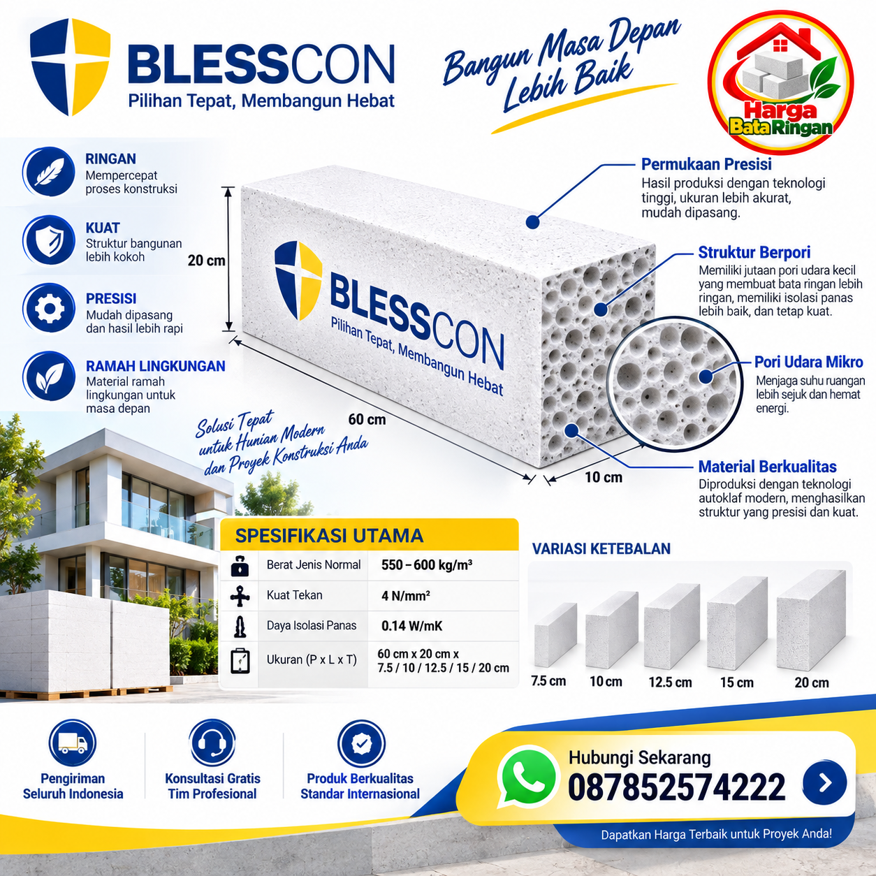 Bata Ringan Blesscon dengan struktur berpori, ukuran 60 × 20 cm, pilihan ketebalan 7,5–20 cm, spesifikasi dan keunggulan produk