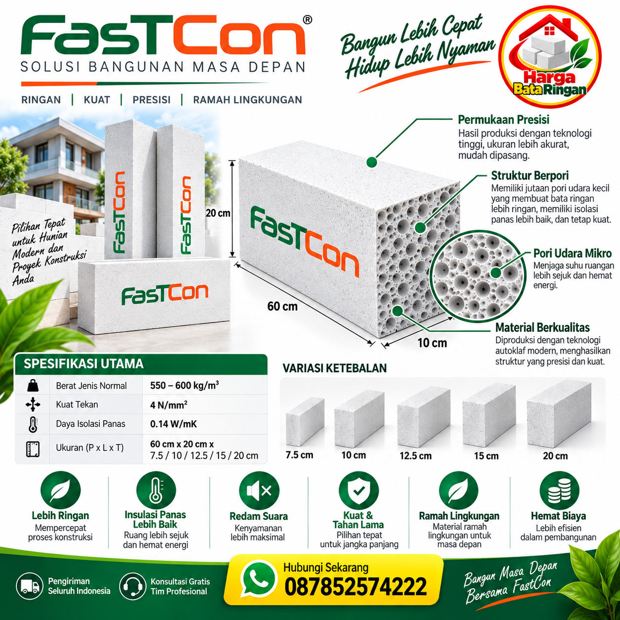 Bata Ringan FastCon dengan struktur berpori, ukuran 60 × 20 cm, pilihan ketebalan 7,5–20 cm, spesifikasi dan keunggulan produk