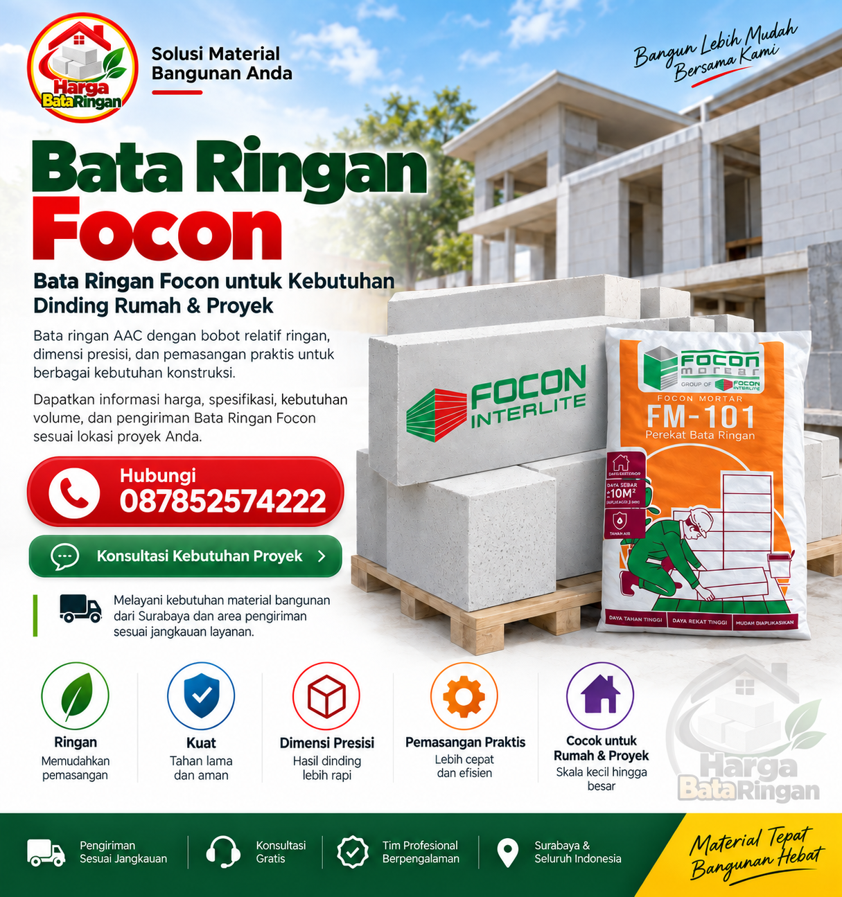 Bata Ringan Focon untuk dinding rumah dan proyek