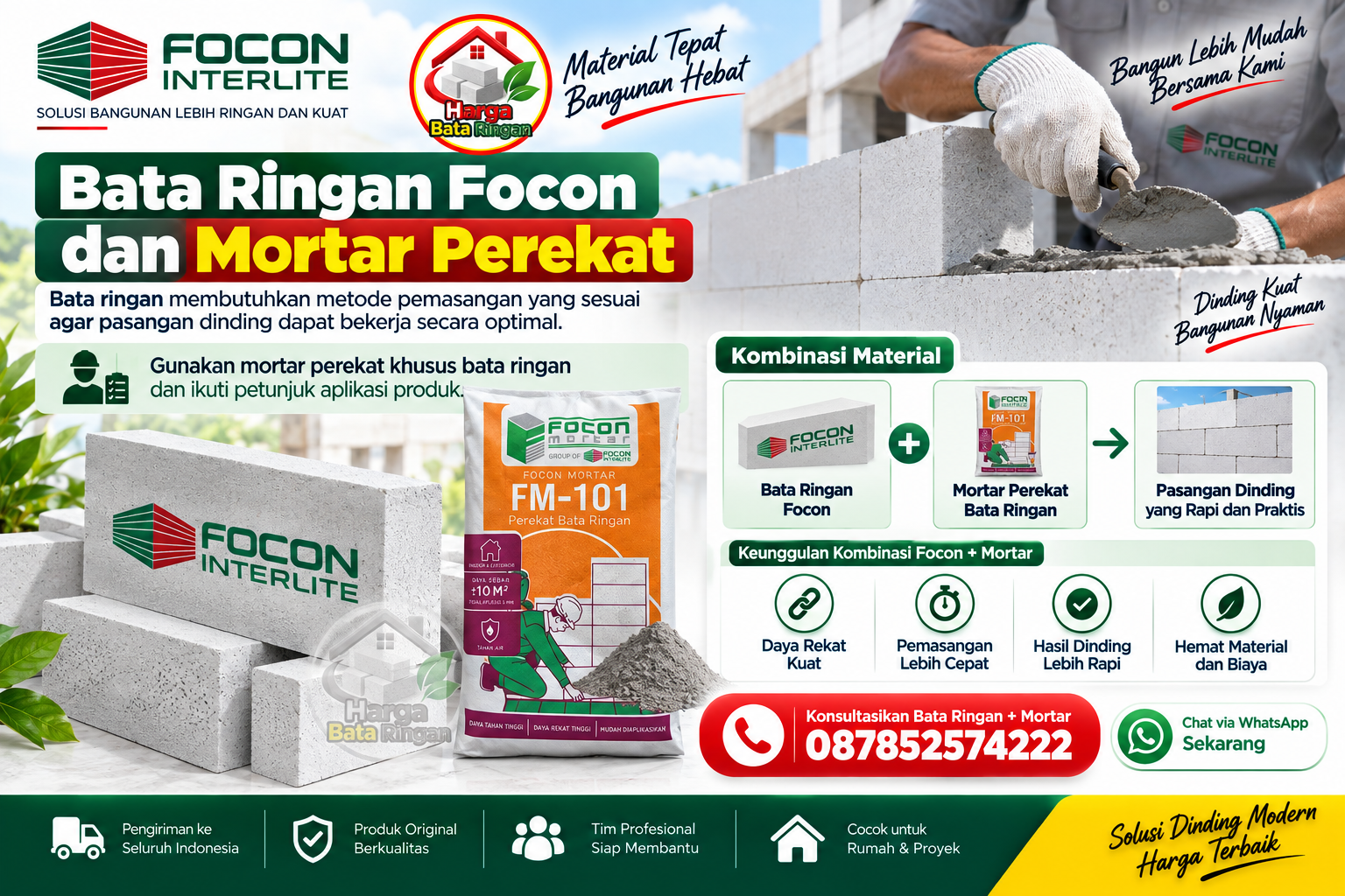 Bata Ringan Focon dan mortar perekat untuk pasangan dinding yang rapi