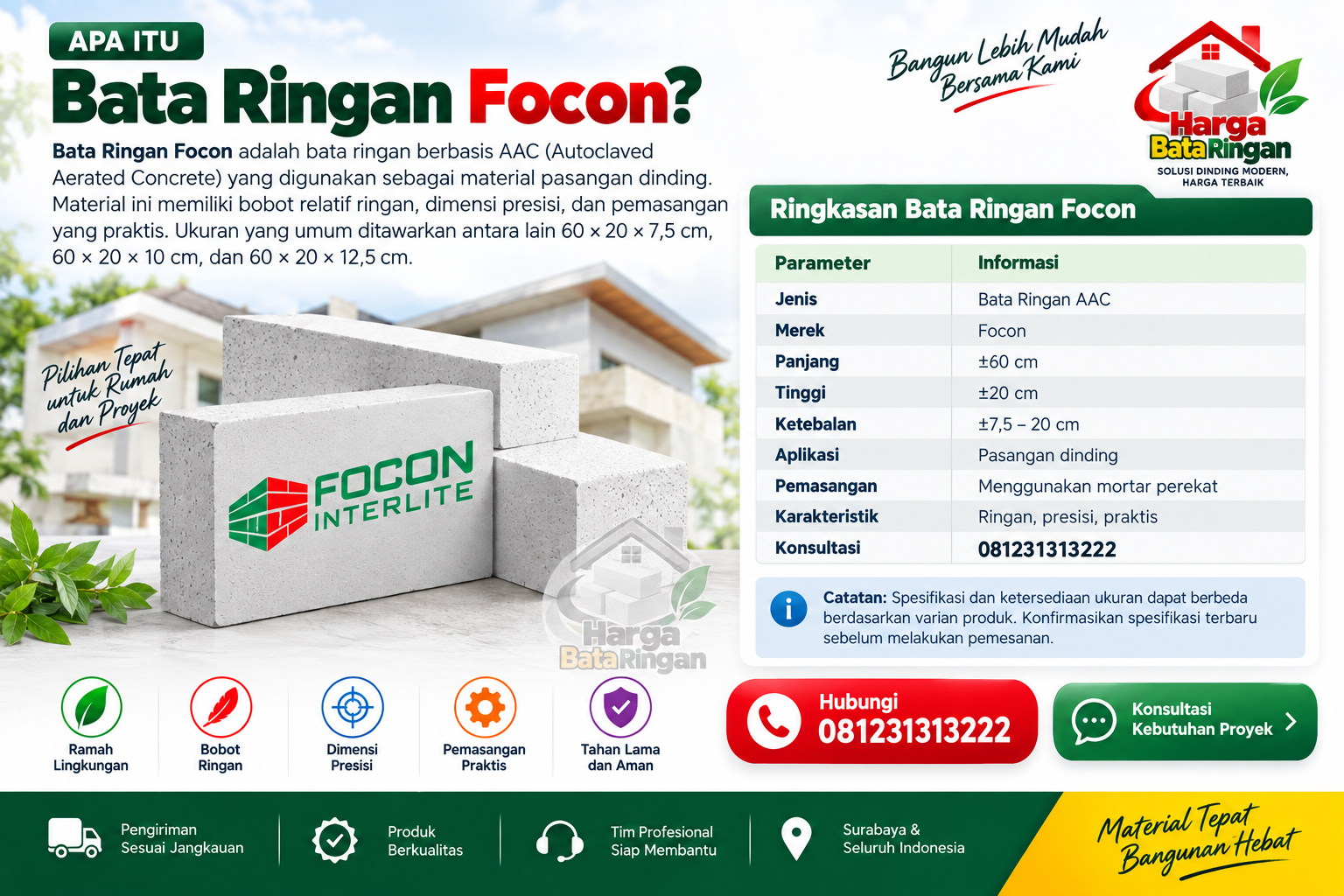 Bata Ringan Focon AAC untuk pasangan dinding rumah dan proyek