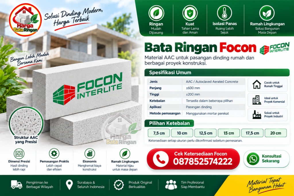 Bata Ringan Focon AAC dengan pilihan ketebalan untuk dinding rumah dan proyek