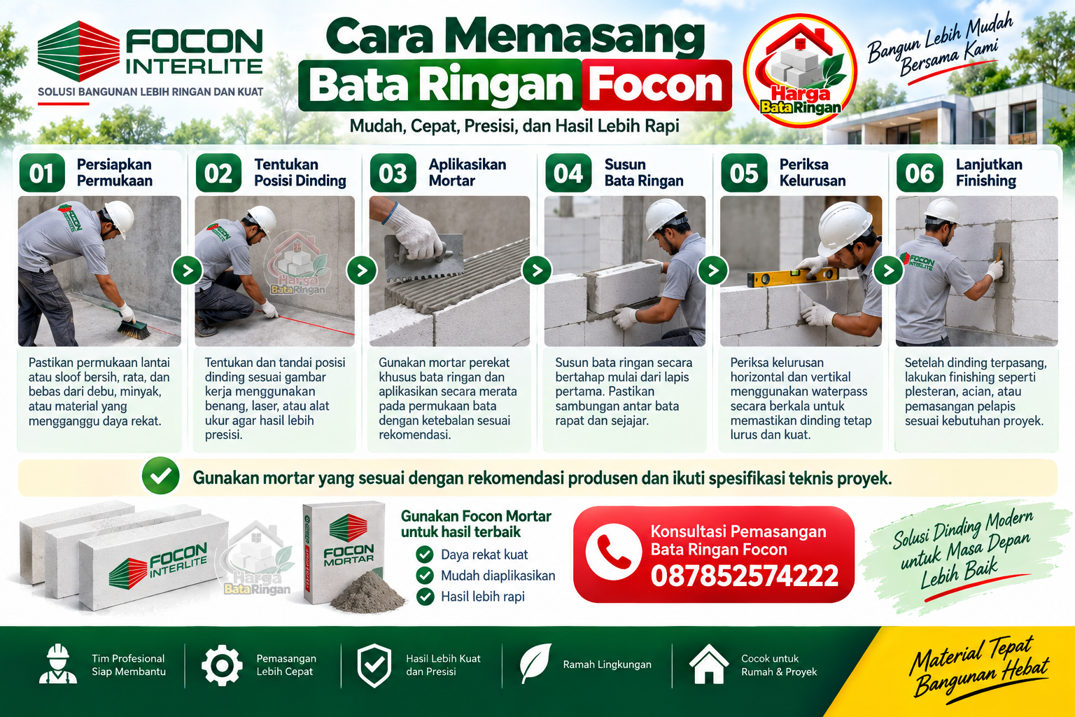 Cara memasang Bata Ringan Focon dengan 6 langkah pemasangan dinding