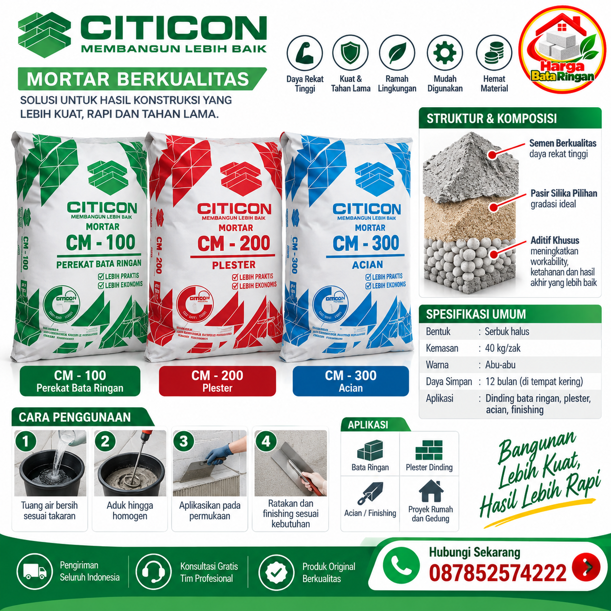 Citicon Mortar CM-100, CM-200, dan CM-300 untuk perekat bata ringan, plester, dan acian dengan informasi spesifikasi dan aplikasi.