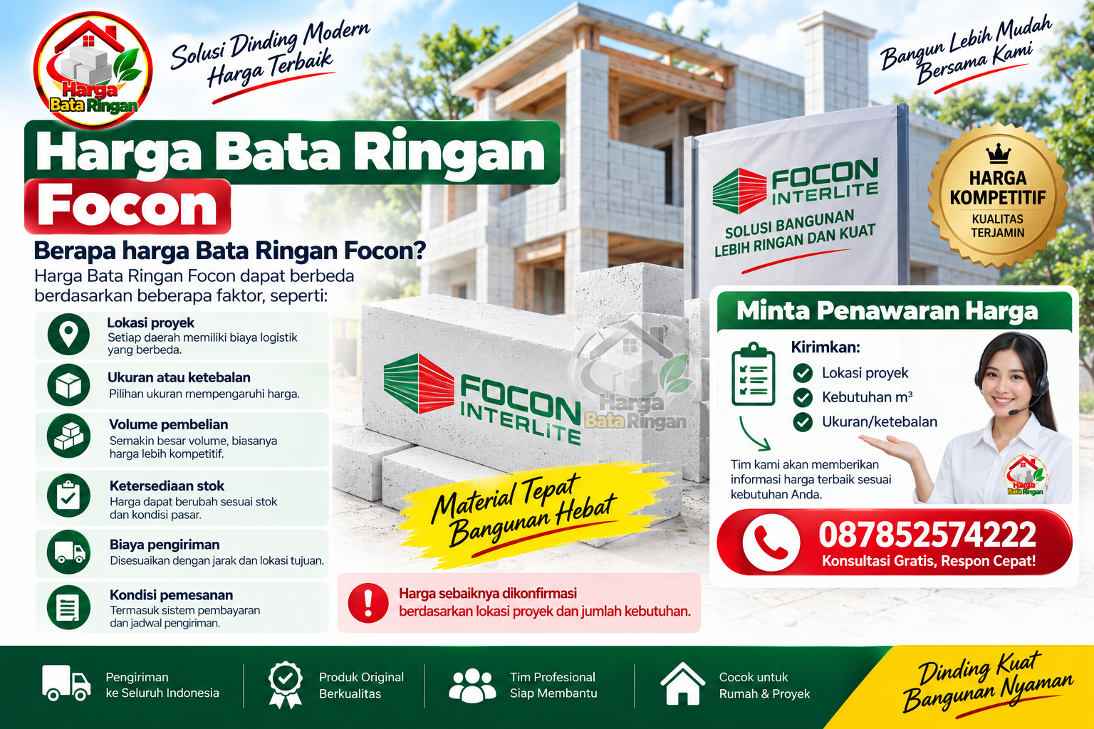 Harga Bata Ringan Focon berdasarkan lokasi, ukuran, volume dan biaya pengiriman
