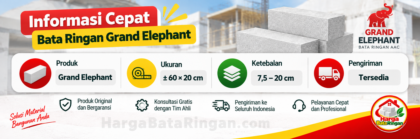 Bata Ringan Grand Elephant ukuran 60 × 20 cm ketebalan 7,5–20 cm
