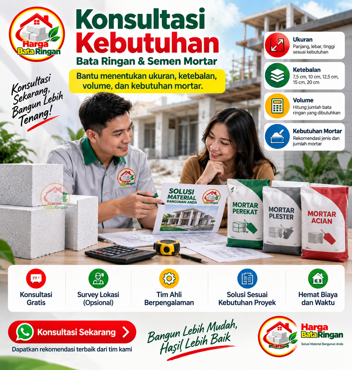 Konsultasi kebutuhan bata ringan dan semen mortar untuk menentukan ukuran, ketebalan, volume material, serta kebutuhan mortar sesuai proyek.