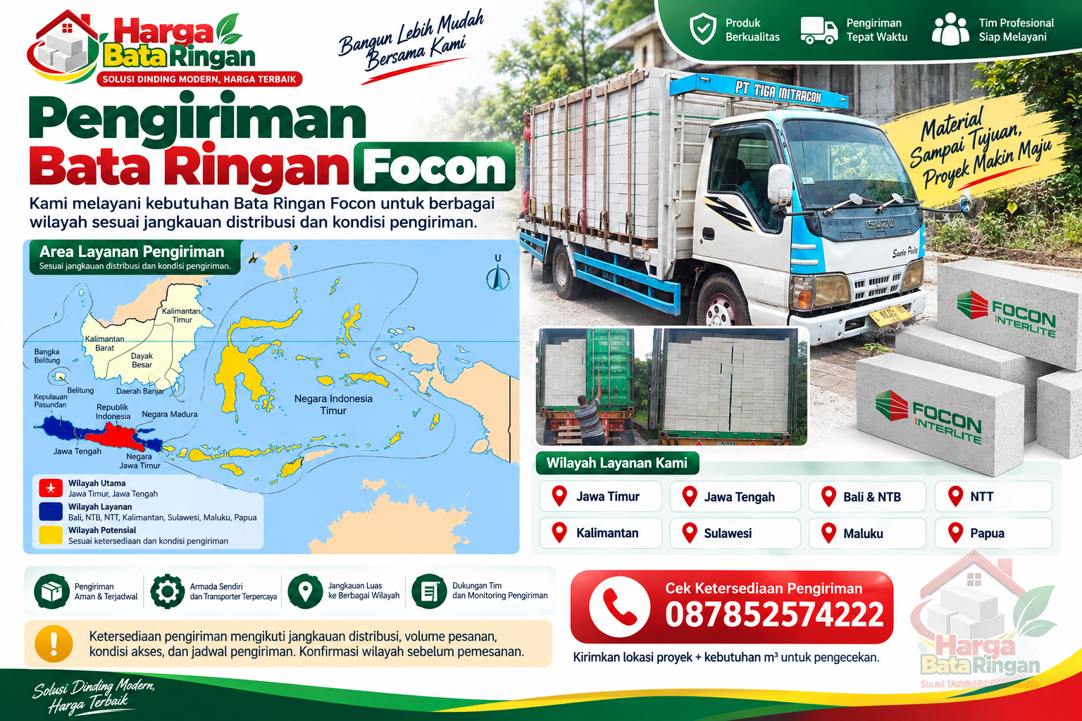 Pengiriman Bata Ringan Focon ke berbagai wilayah Indonesia sesuai jangkauan distribusi