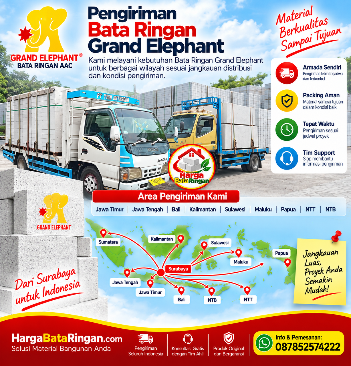 Pengiriman Bata Ringan Grand Elephant ke berbagai wilayah Indonesia