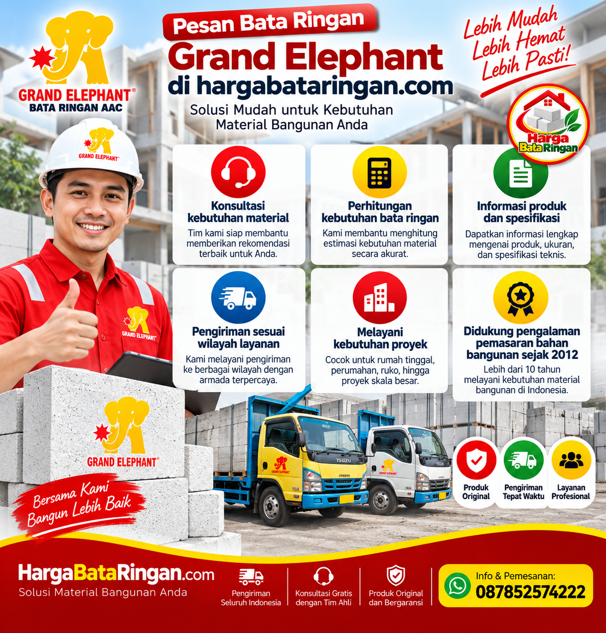 Keunggulan membeli Bata Ringan Grand Elephant di hargabataringan.com dengan konsultasi dan pengiriman