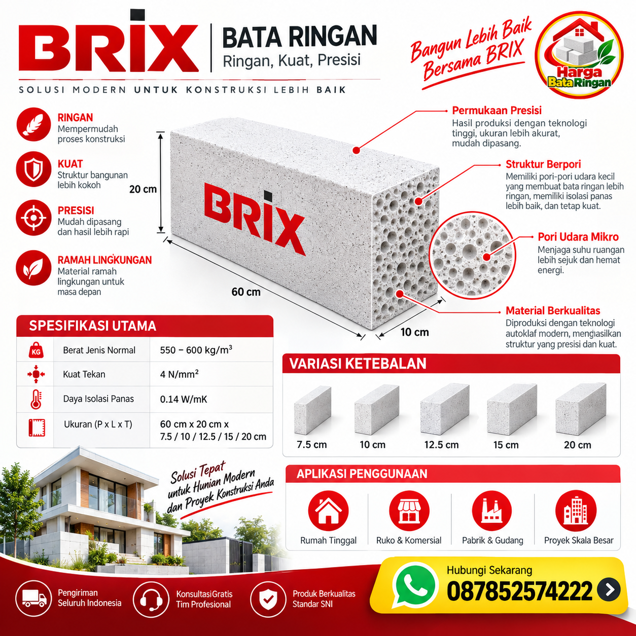 Bata Ringan BRIX dengan spesifikasi dan informasi produk untuk kebutuhan konstruksi