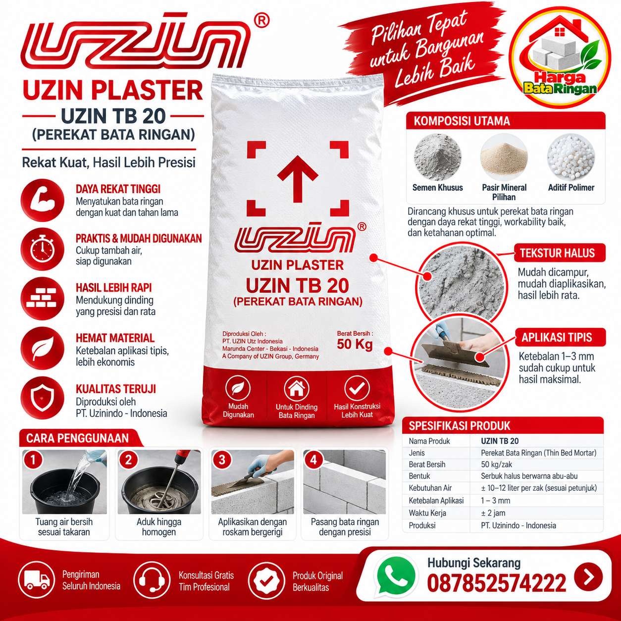Uzin Plaster Uzin TB 20 perekat bata ringan 50 kg dengan informasi keunggulan, komposisi, cara penggunaan, spesifikasi produk, dan hotline 087852574222.