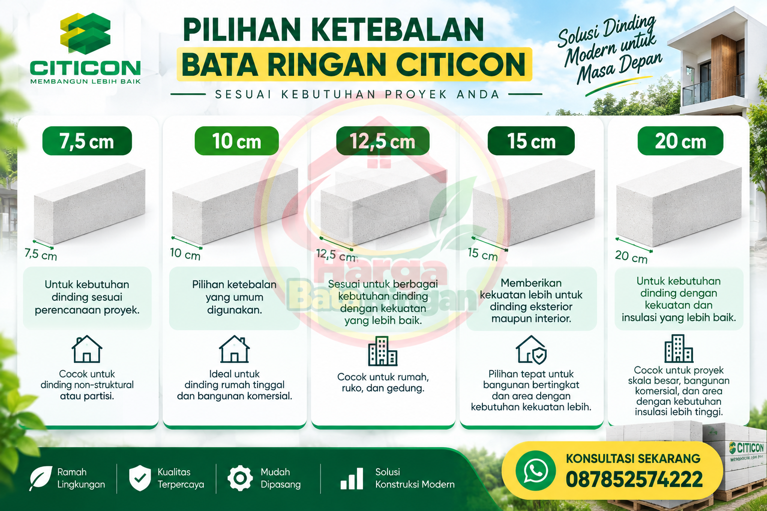 Pilihan ukuran ketebalan Bata Ringan Citicon untuk kebutuhan dinding