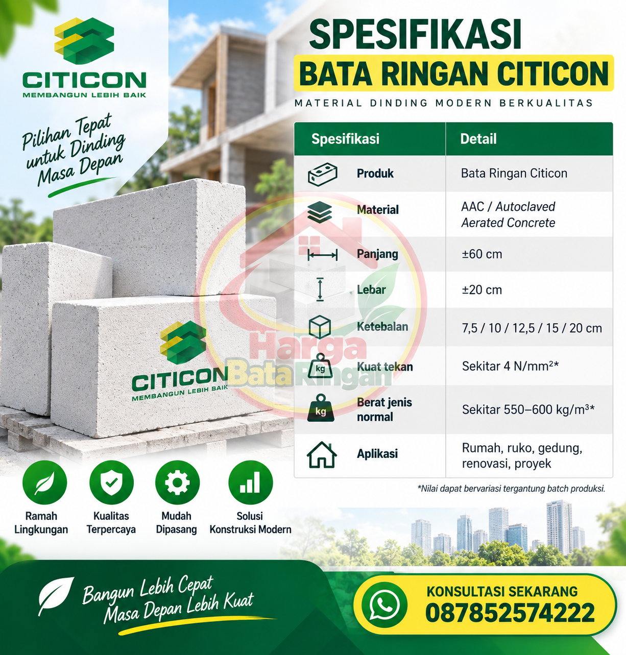 Spesifikasi Bata Ringan Citicon ukuran 60 cm dan ketebalan 7,5 hingga 20 cm